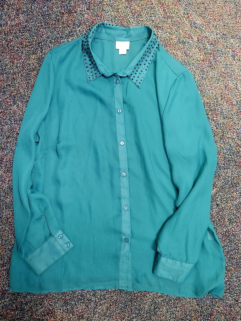 Jaclyn Smith Teal Button-Down Blouse with Studded Collar